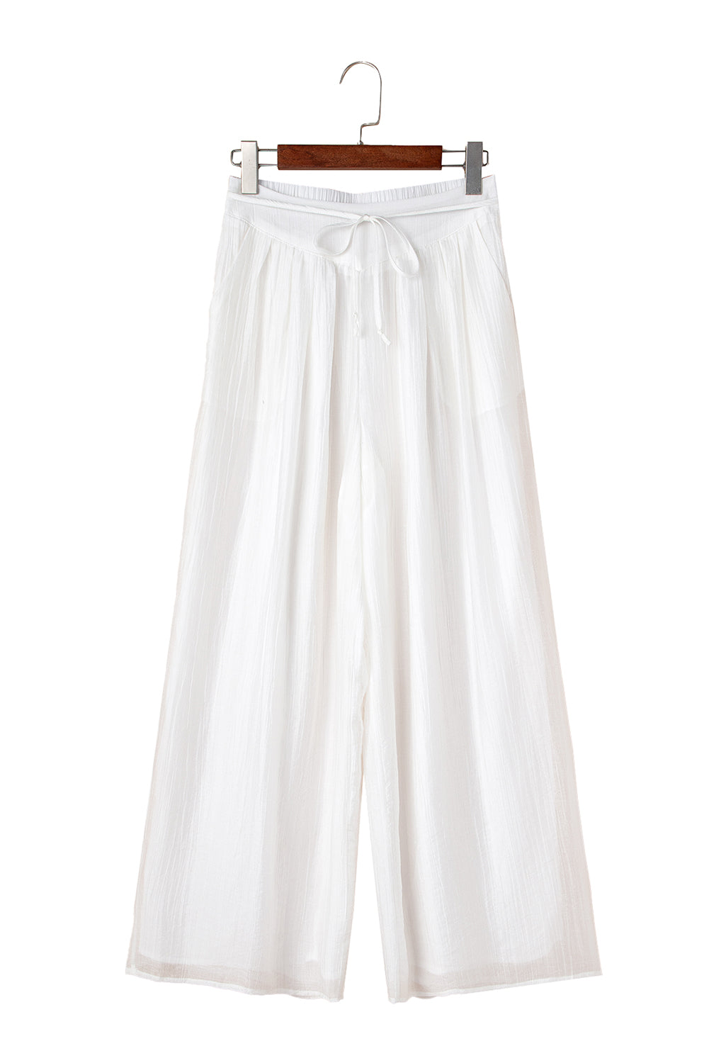 White Casual Tie Waist Pleated Wide Leg Pants