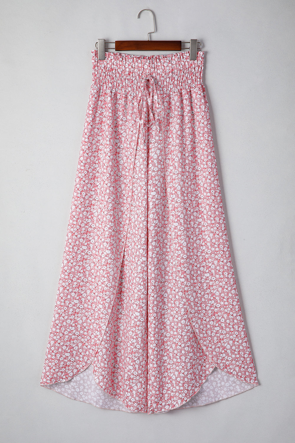 Print Shirred Side Slit Wide Leg Pants