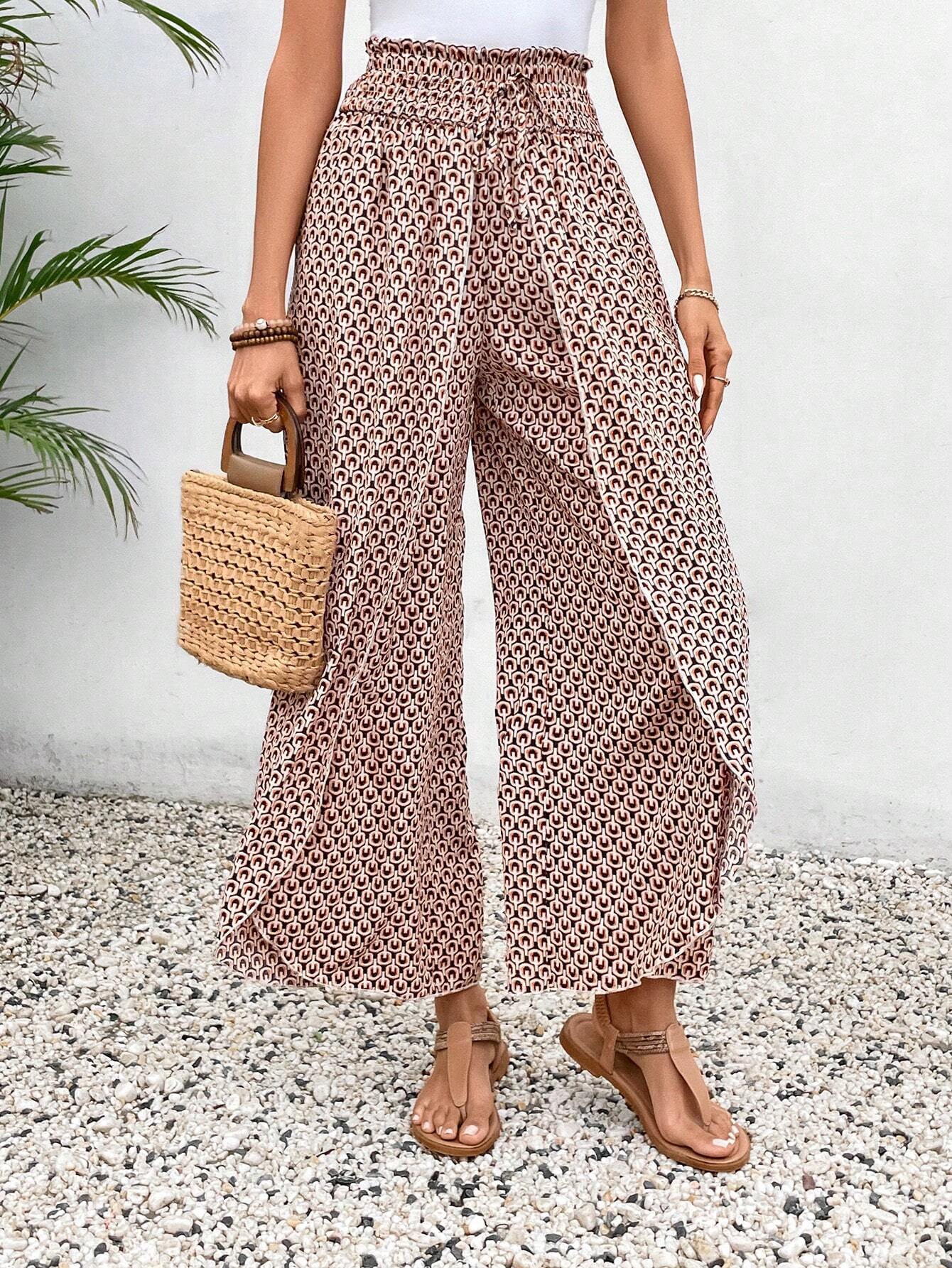 Print Shirred Side Slit Wide Leg Pants