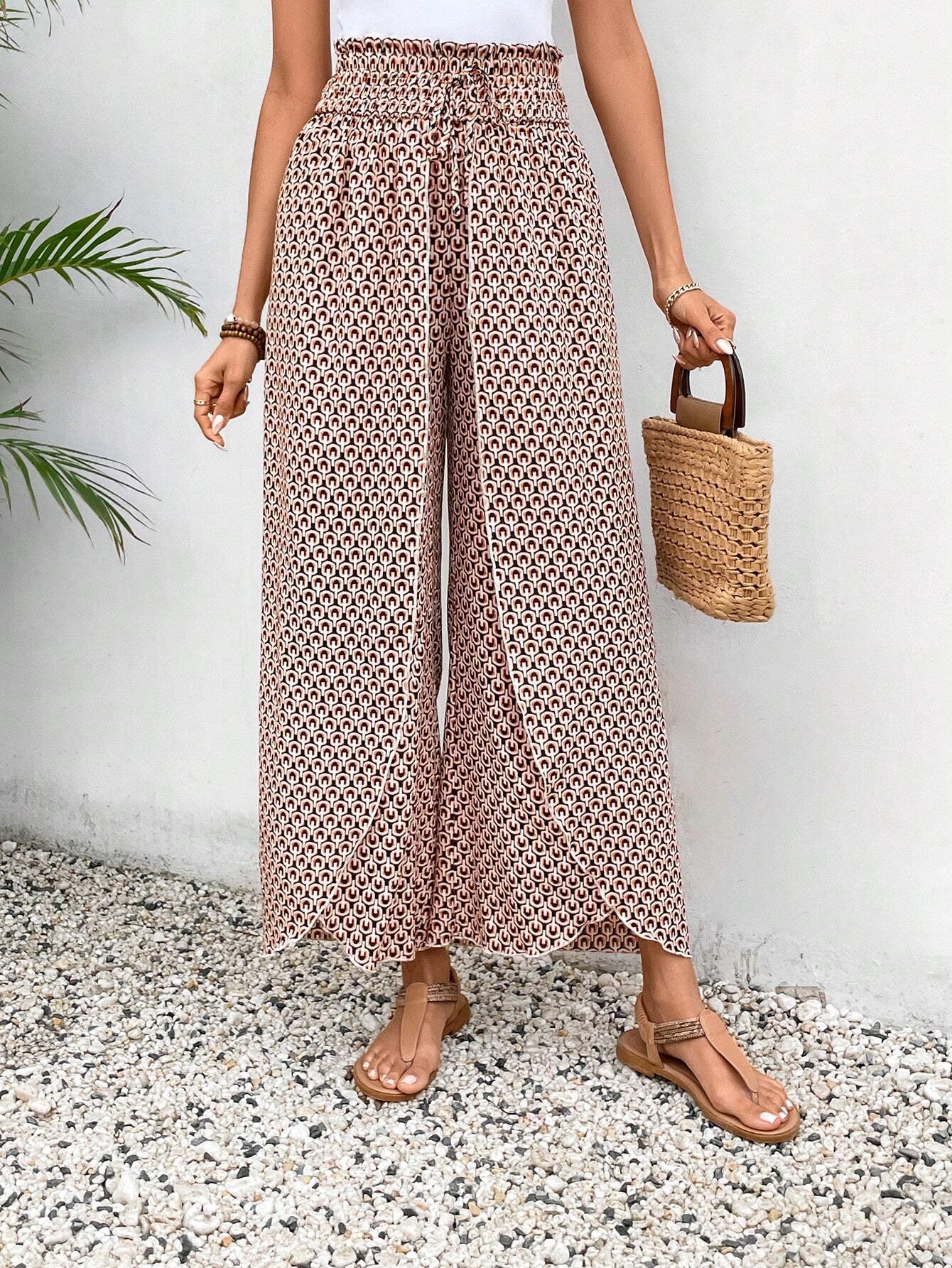 Print Shirred Side Slit Wide Leg Pants