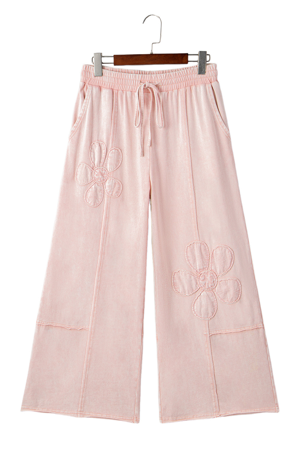 Pink Flower Patch Mineral Washed Terry Knit Cropped Wide Leg Pants