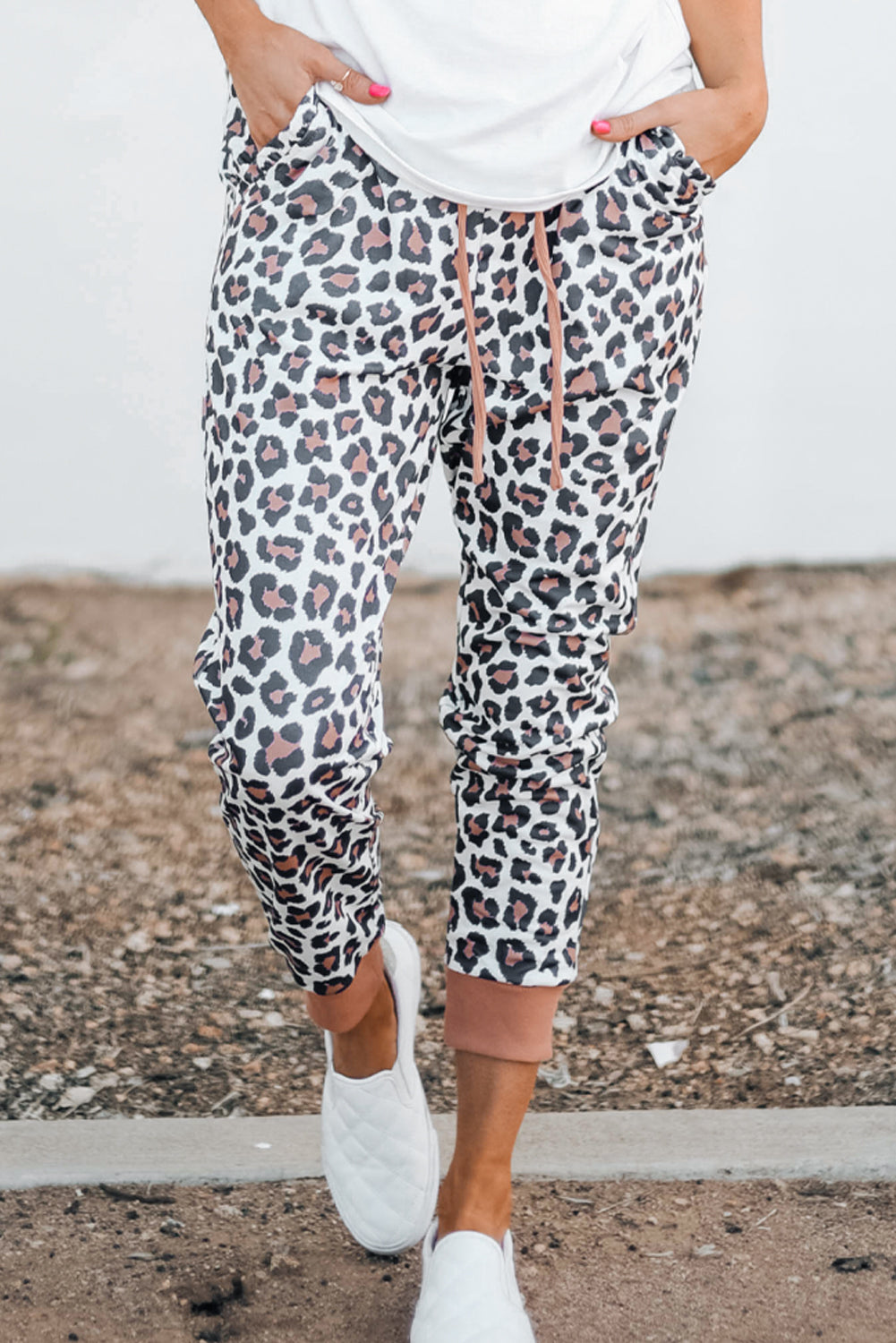 Brown Leopard Print Elastic Waist Drawstring Joggers