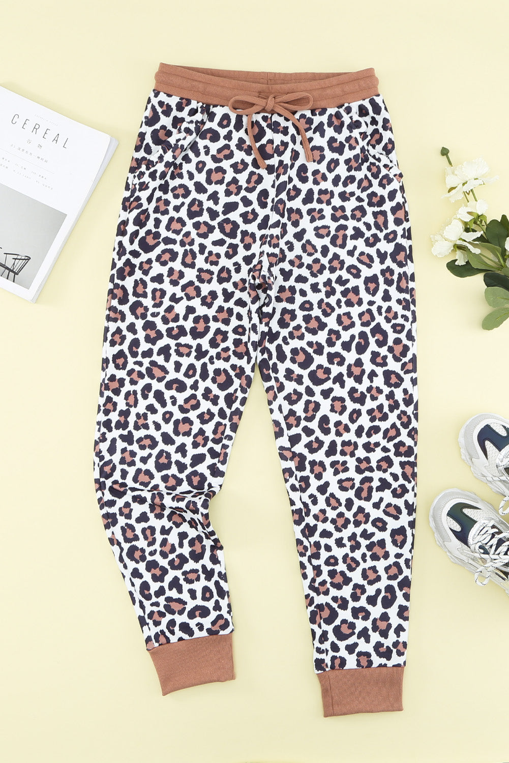 Brown Leopard Print Elastic Waist Drawstring Joggers