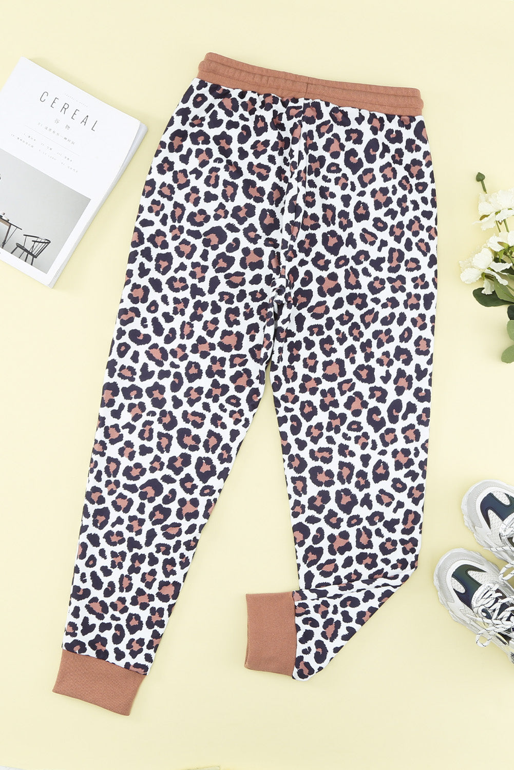 Brown Leopard Print Elastic Waist Drawstring Joggers