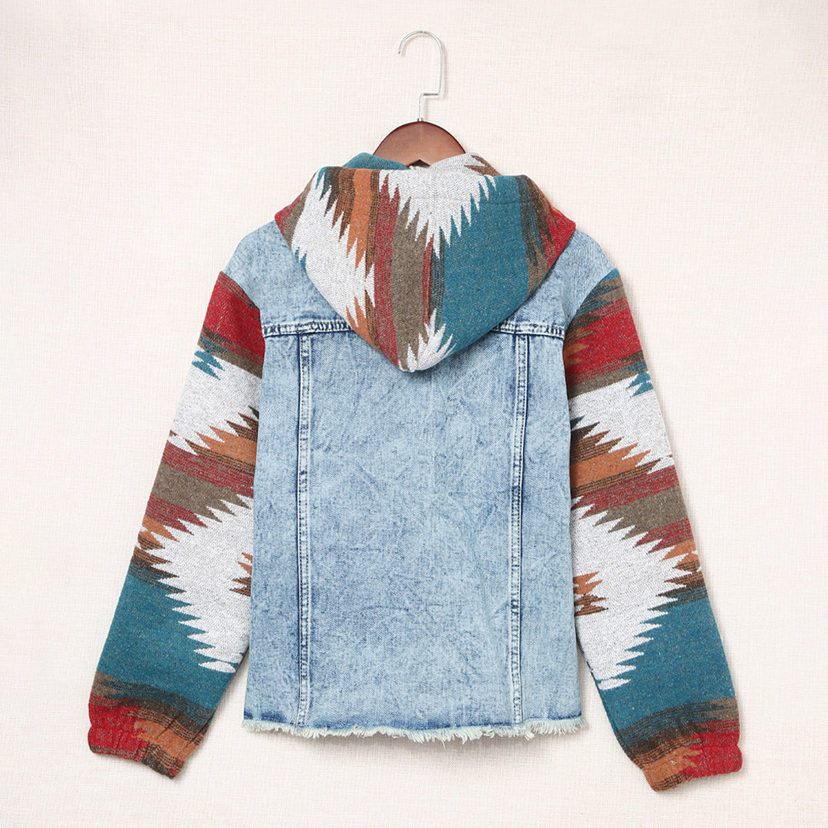 Multicolor Aztec Print Frayed Hem Denim Jacket
