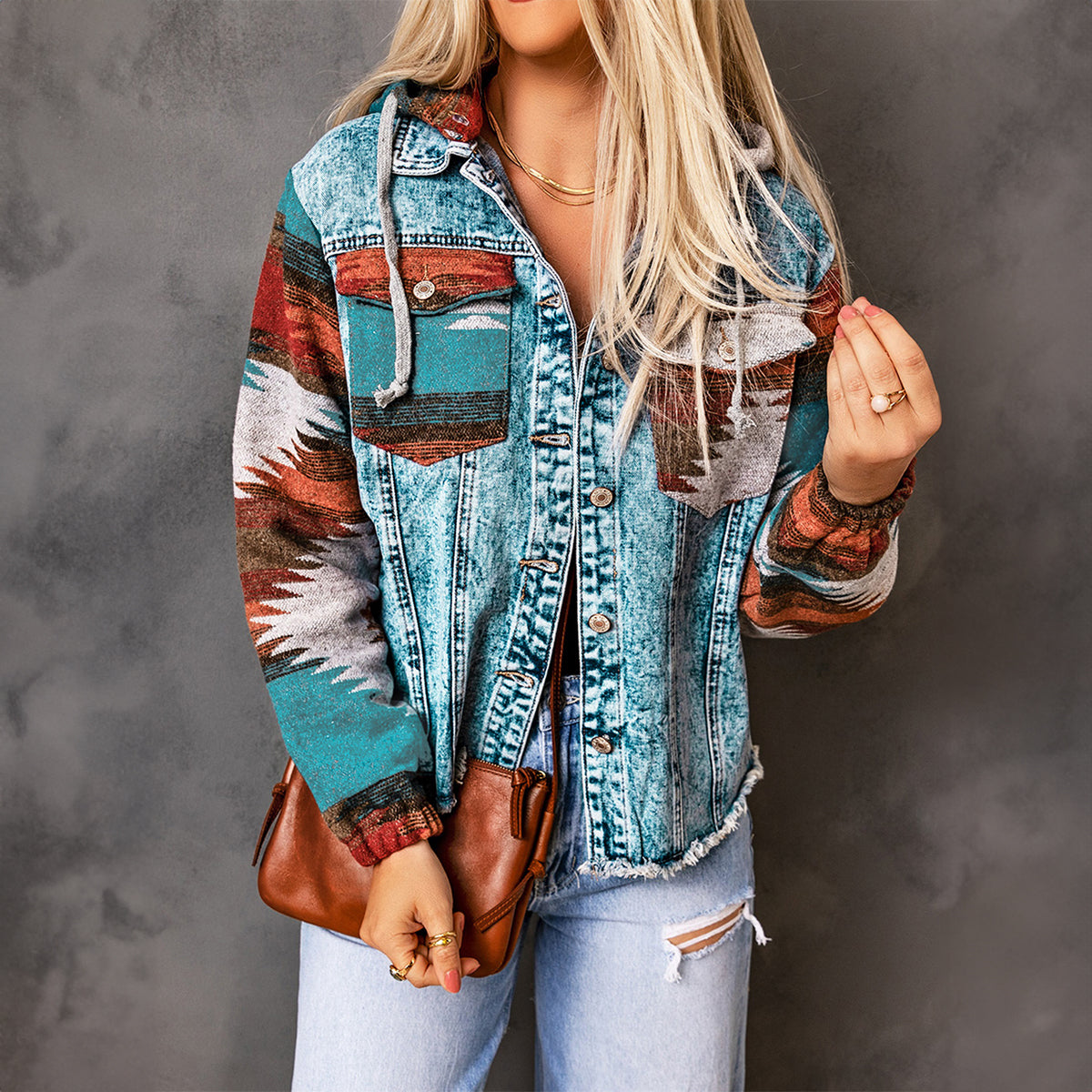 Multicolor Aztec Print Frayed Hem Denim Jacket
