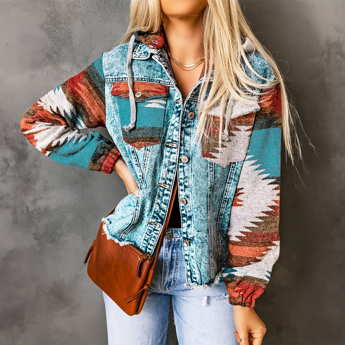 Multicolor Aztec Print Frayed Hem Denim Jacket