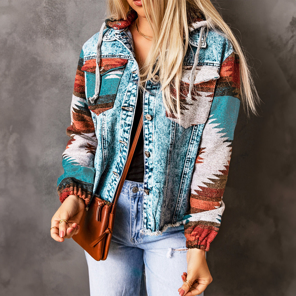Multicolor Aztec Print Frayed Hem Denim Jacket