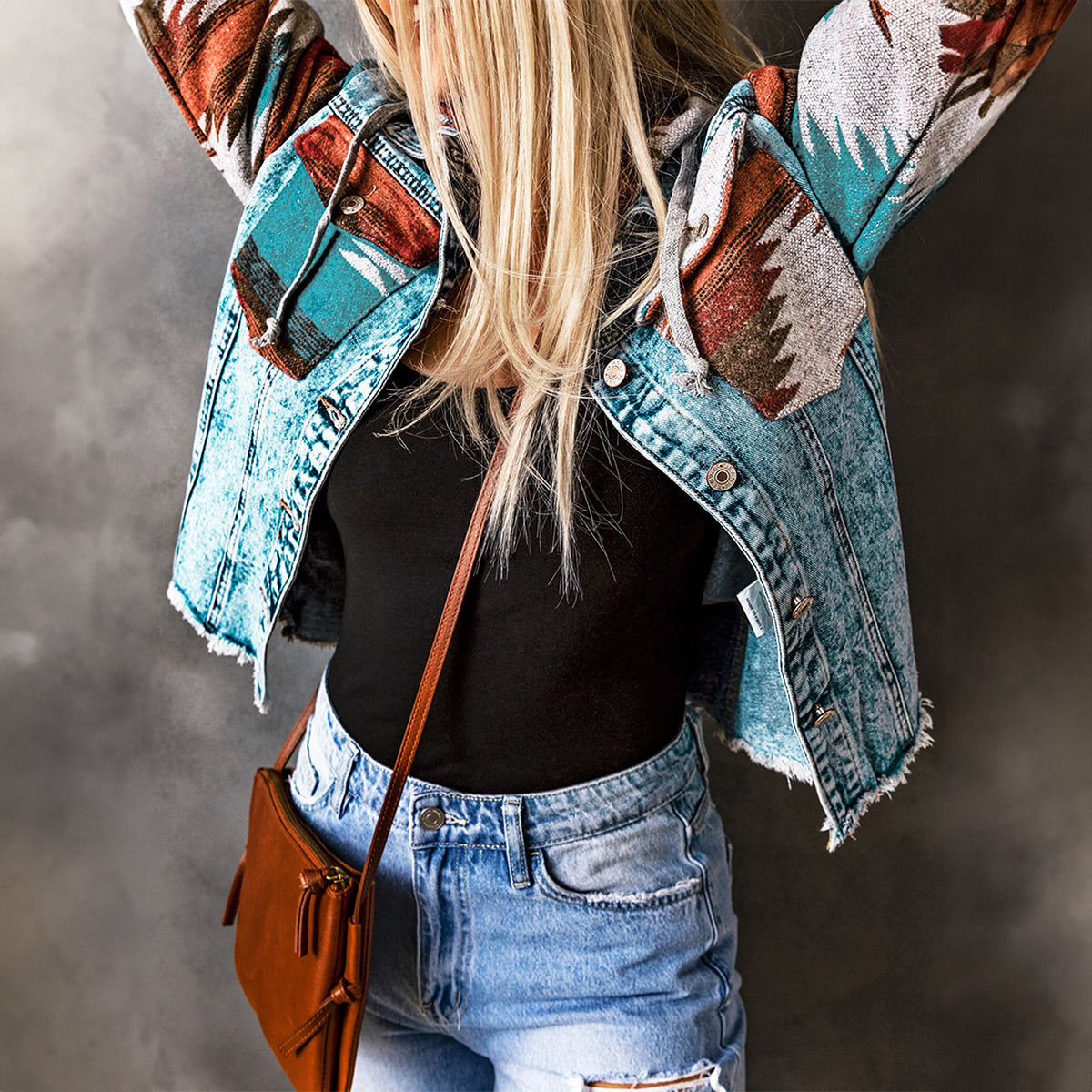Multicolor Aztec Print Frayed Hem Denim Jacket