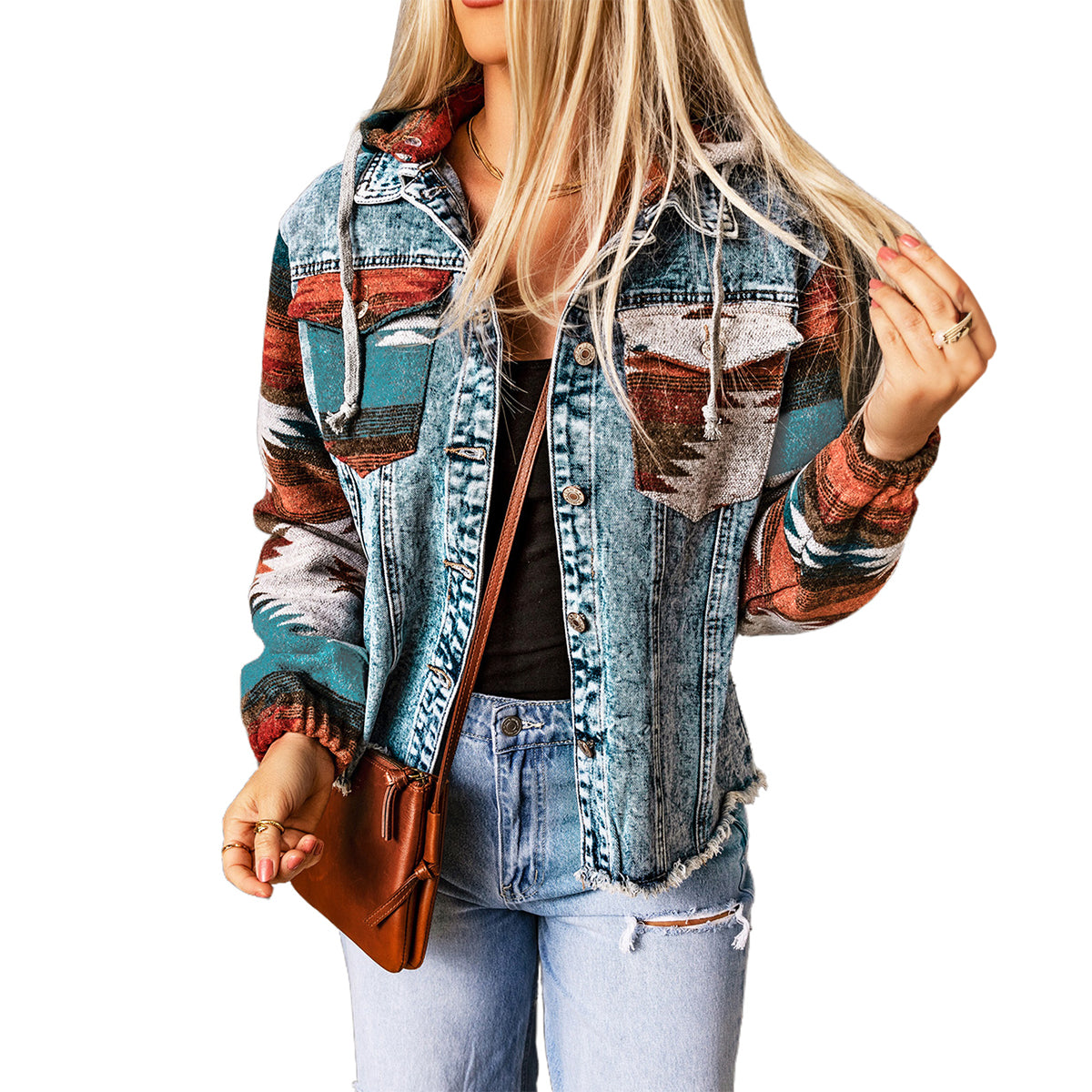 Multicolor Aztec Print Frayed Hem Denim Jacket