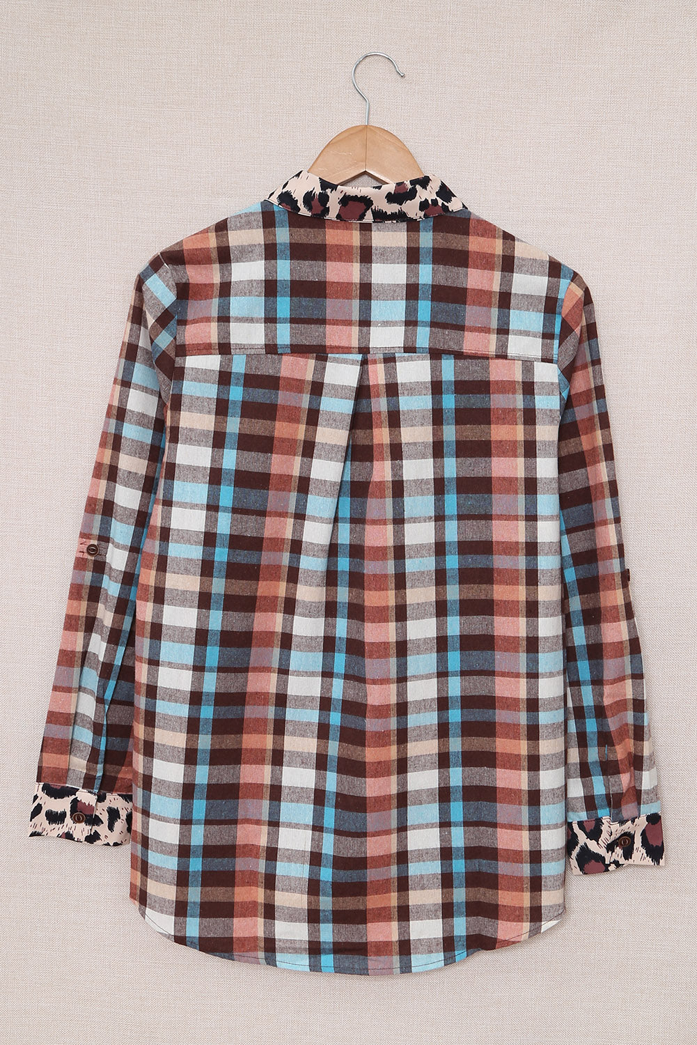 Multicolor Plaid Leopard Trim Collared Button Up Shacket