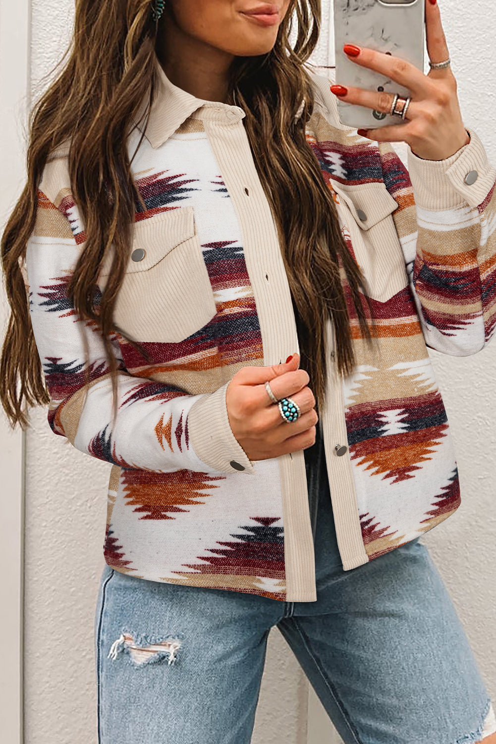 Multicolour Western Aztec Ribbed Patchwork Double Flap Pocket Raw Hem Shacket Jacket