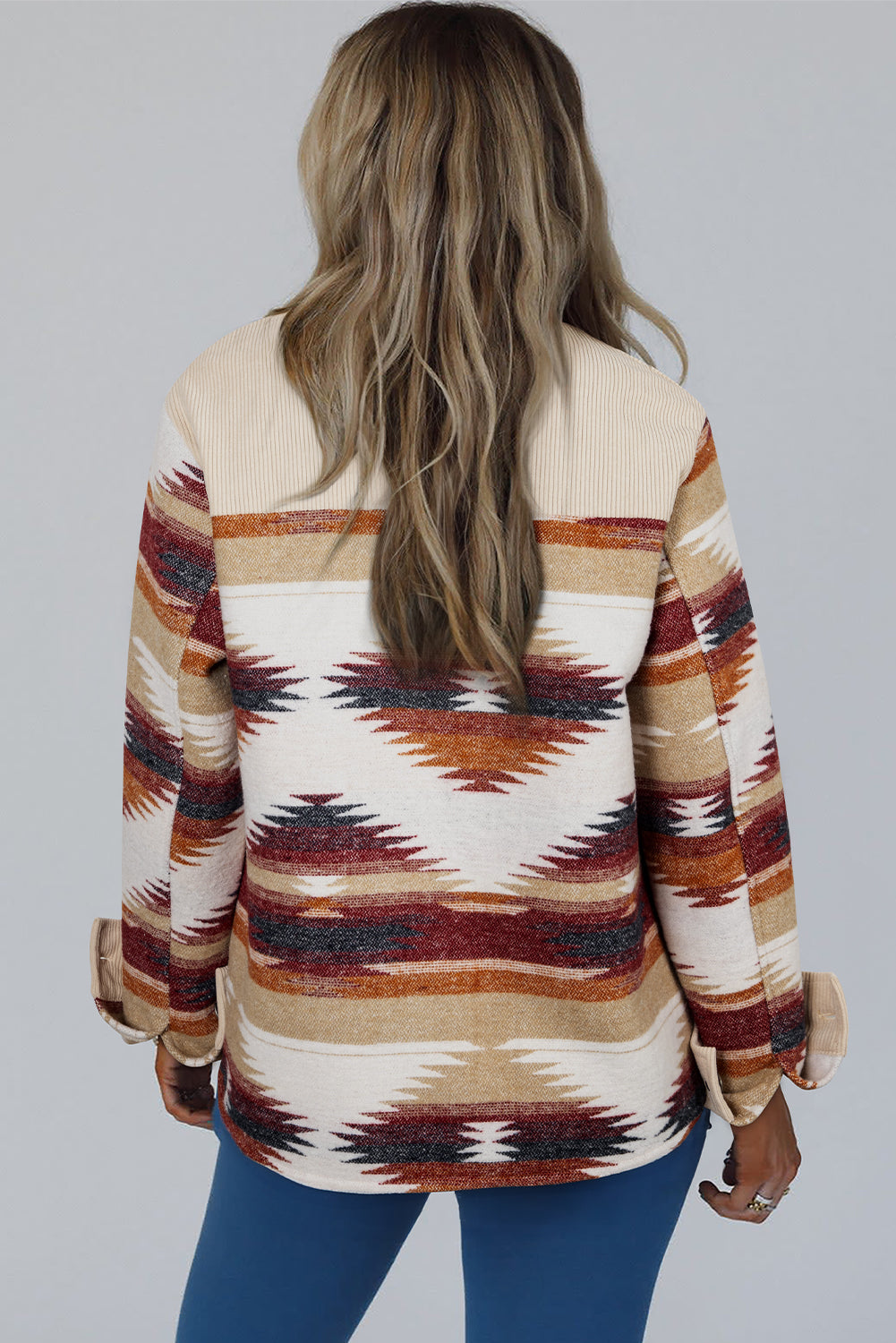 Multicolour Western Aztec Ribbed Patchwork Double Flap Pocket Raw Hem Shacket Jacket