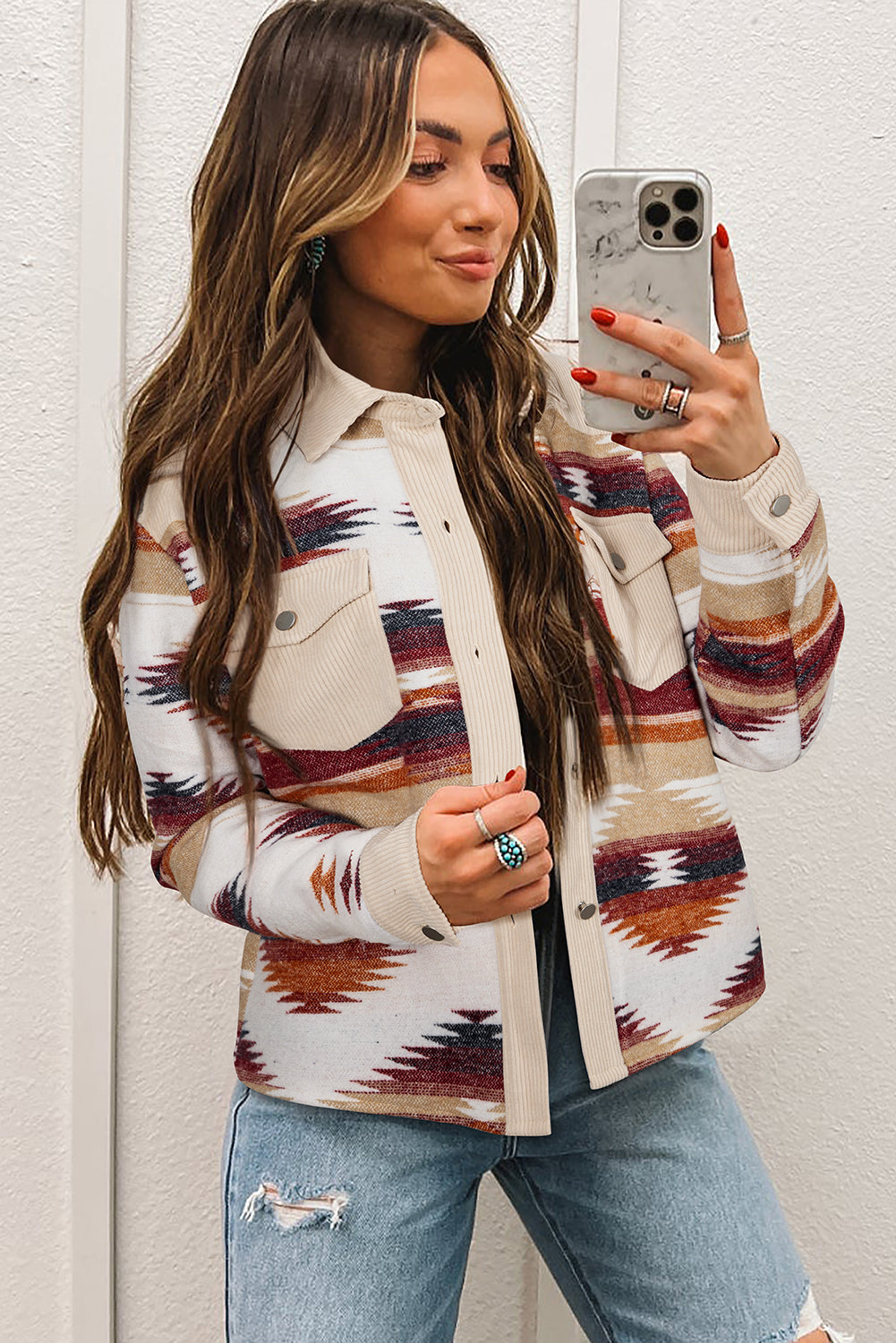 Multicolour Western Aztec Ribbed Patchwork Double Flap Pocket Raw Hem Shacket Jacket