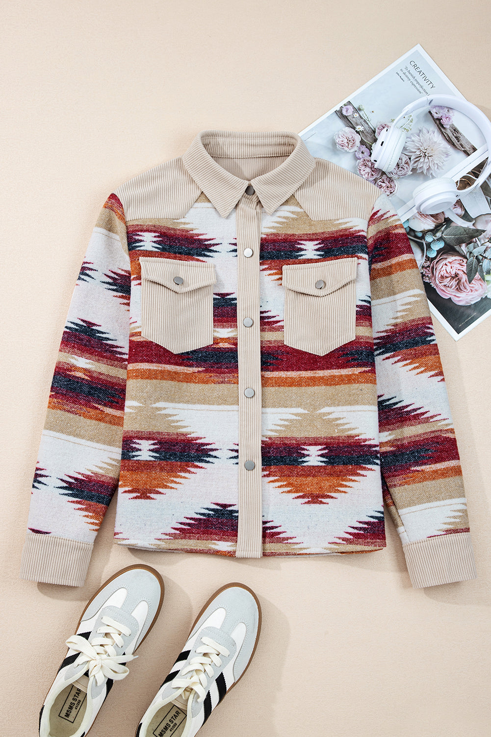 Multicolour Western Aztec Ribbed Patchwork Double Flap Pocket Raw Hem Shacket Jacket