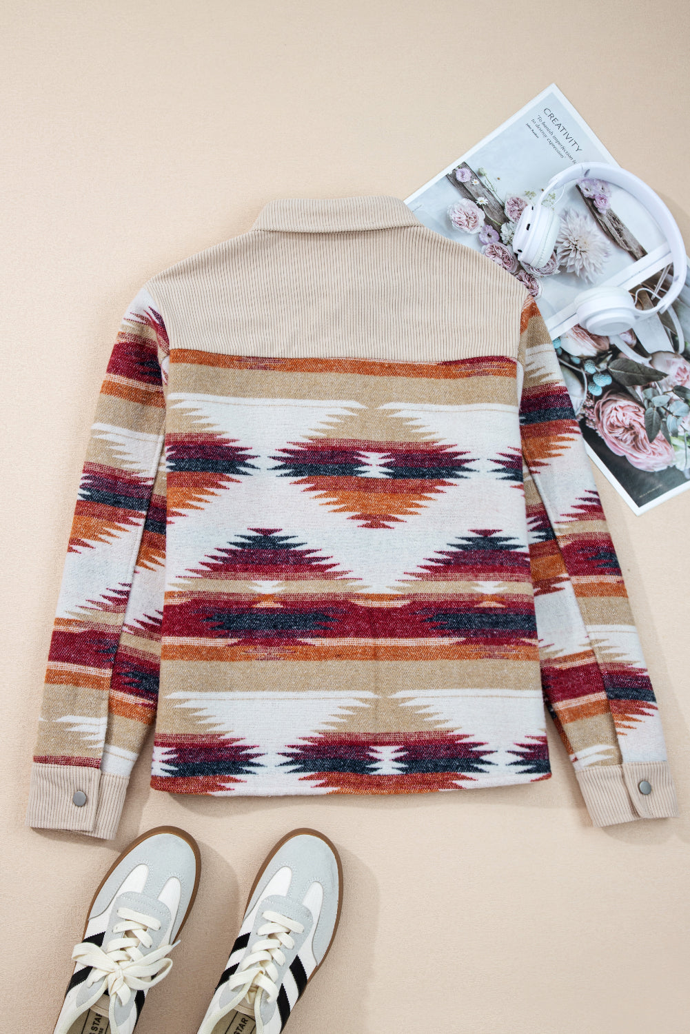 Multicolour Western Aztec Ribbed Patchwork Double Flap Pocket Raw Hem Shacket Jacket