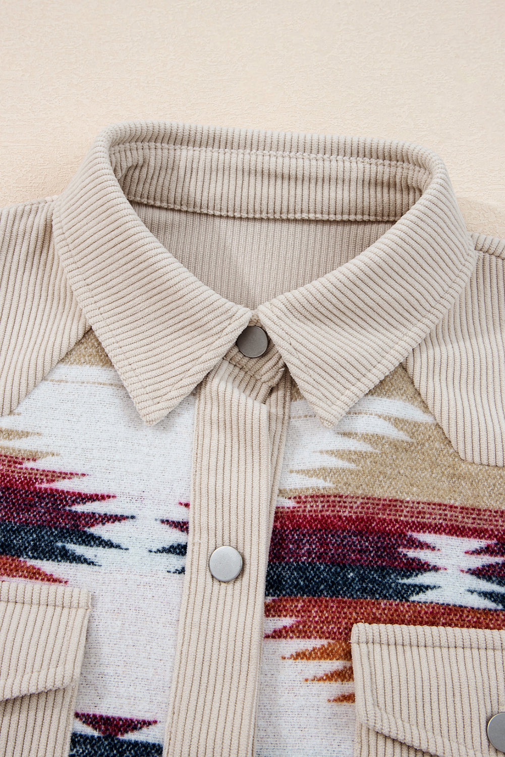 Multicolour Western Aztec Ribbed Patchwork Double Flap Pocket Raw Hem Shacket Jacket