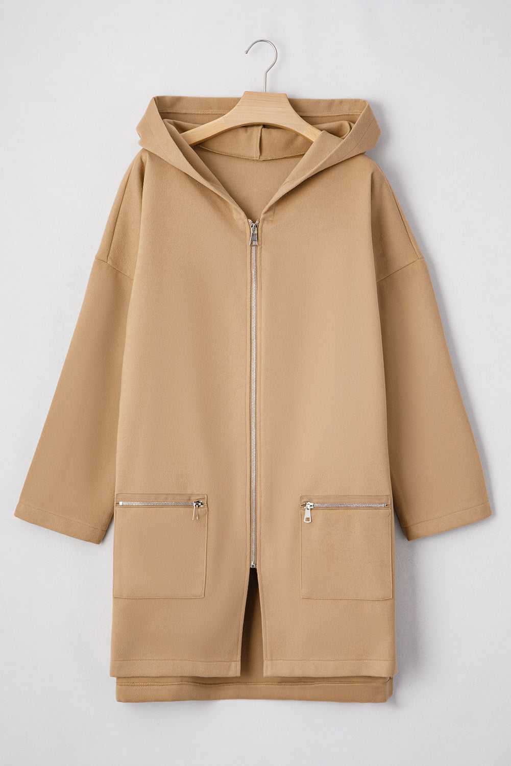 Solid Color Casual Zipper Hooded Jacket in Black or Khaki