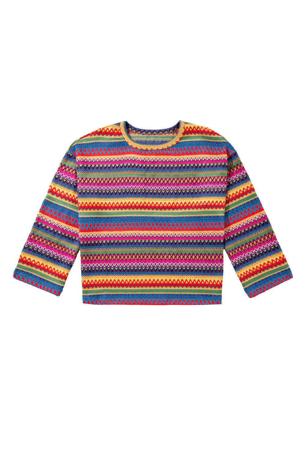 Rose Red Ethnic Wavy Pattern Drop Shoulder Knit Top