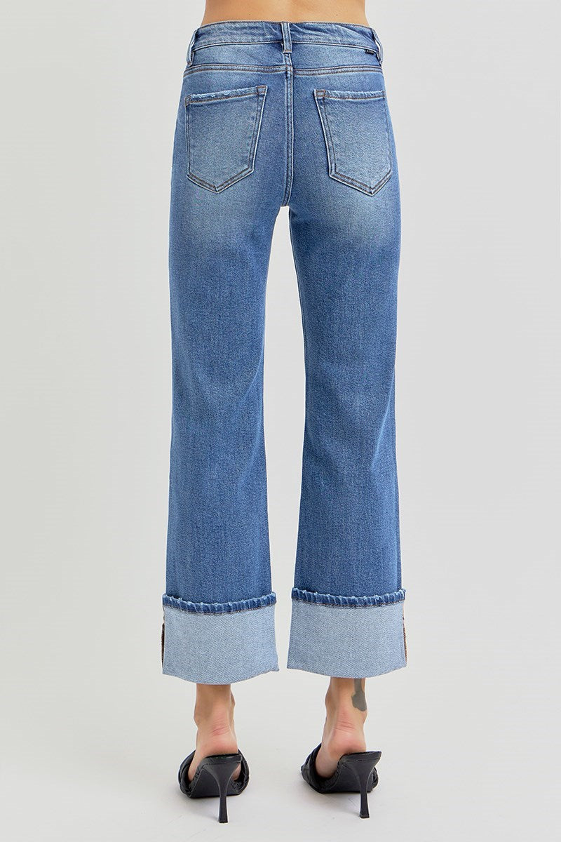 RISEN HIGH RISE ANKLE STRAIGHT WIDE CUFFED JEANS