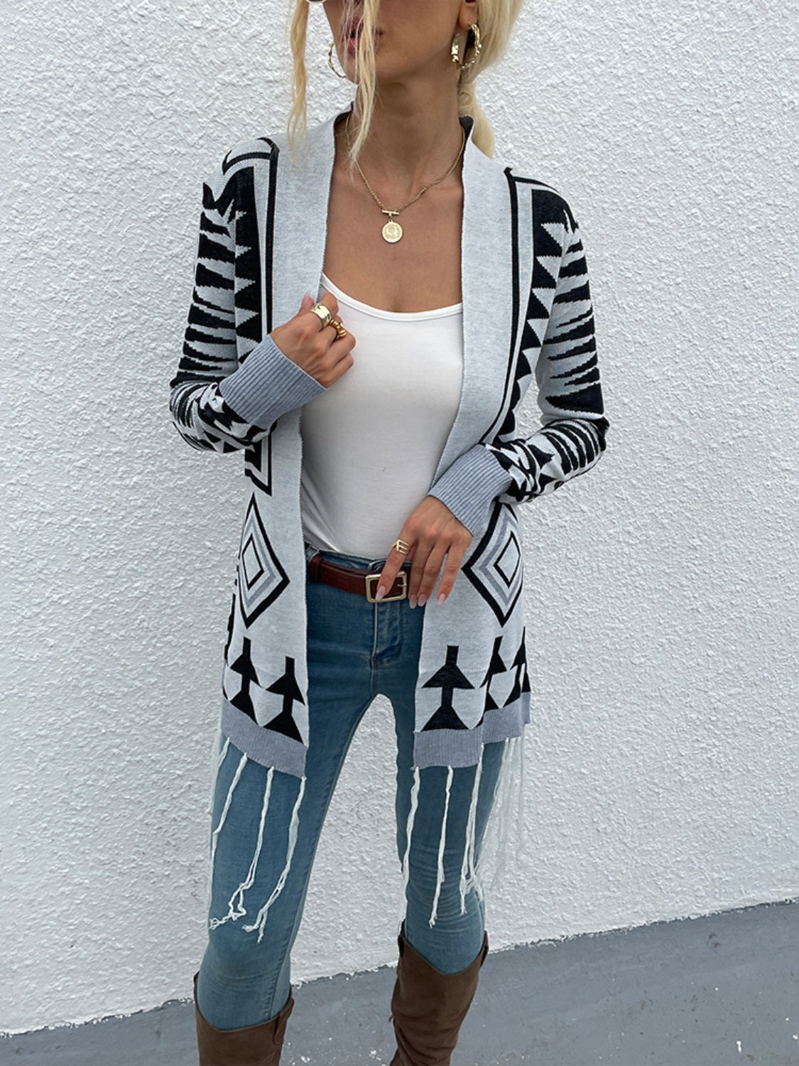 Shiny Geometric Aztec Fringe Hem Open Front Cardigan