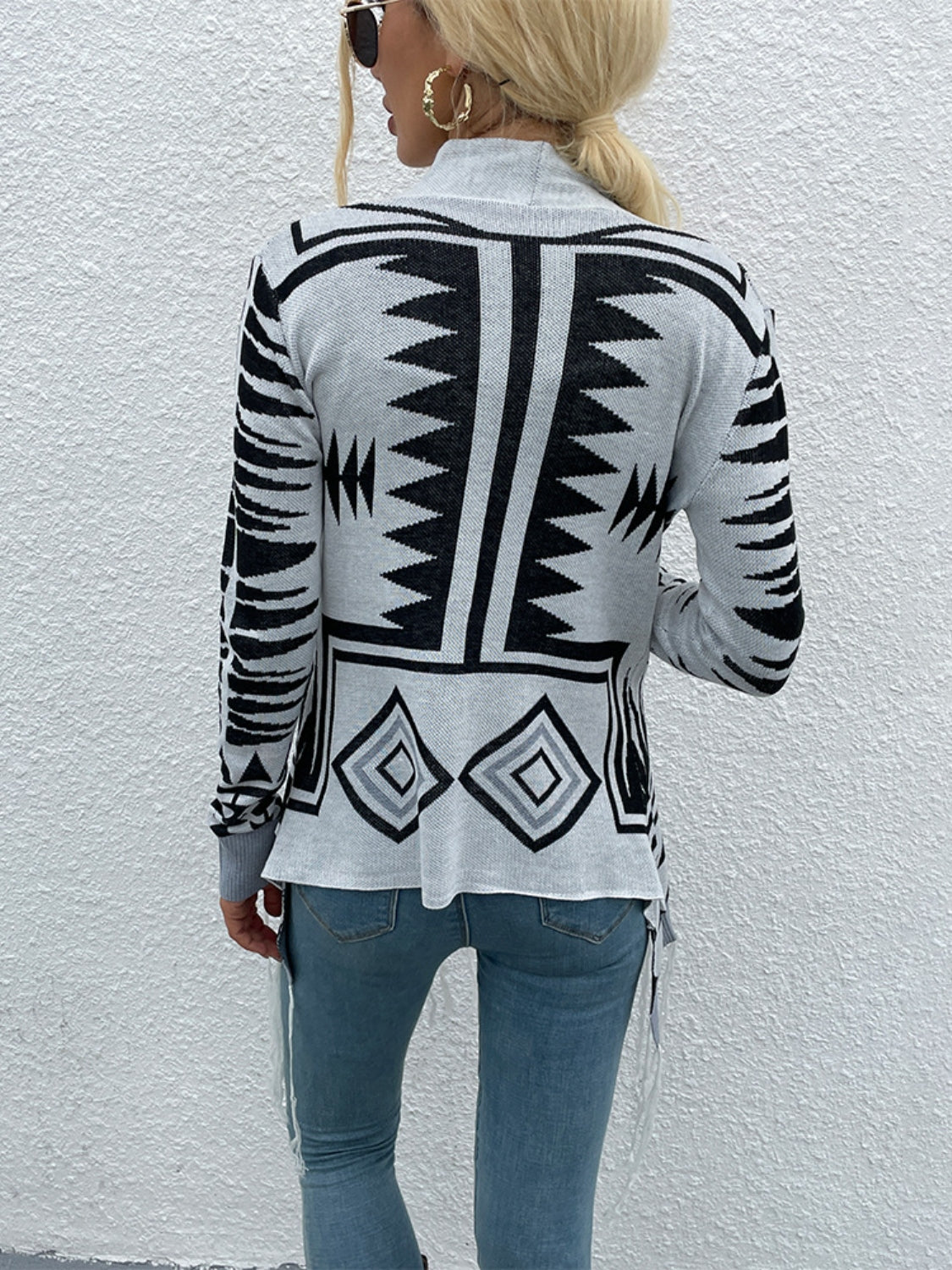 Shiny Geometric Aztec Fringe Hem Open Front Cardigan