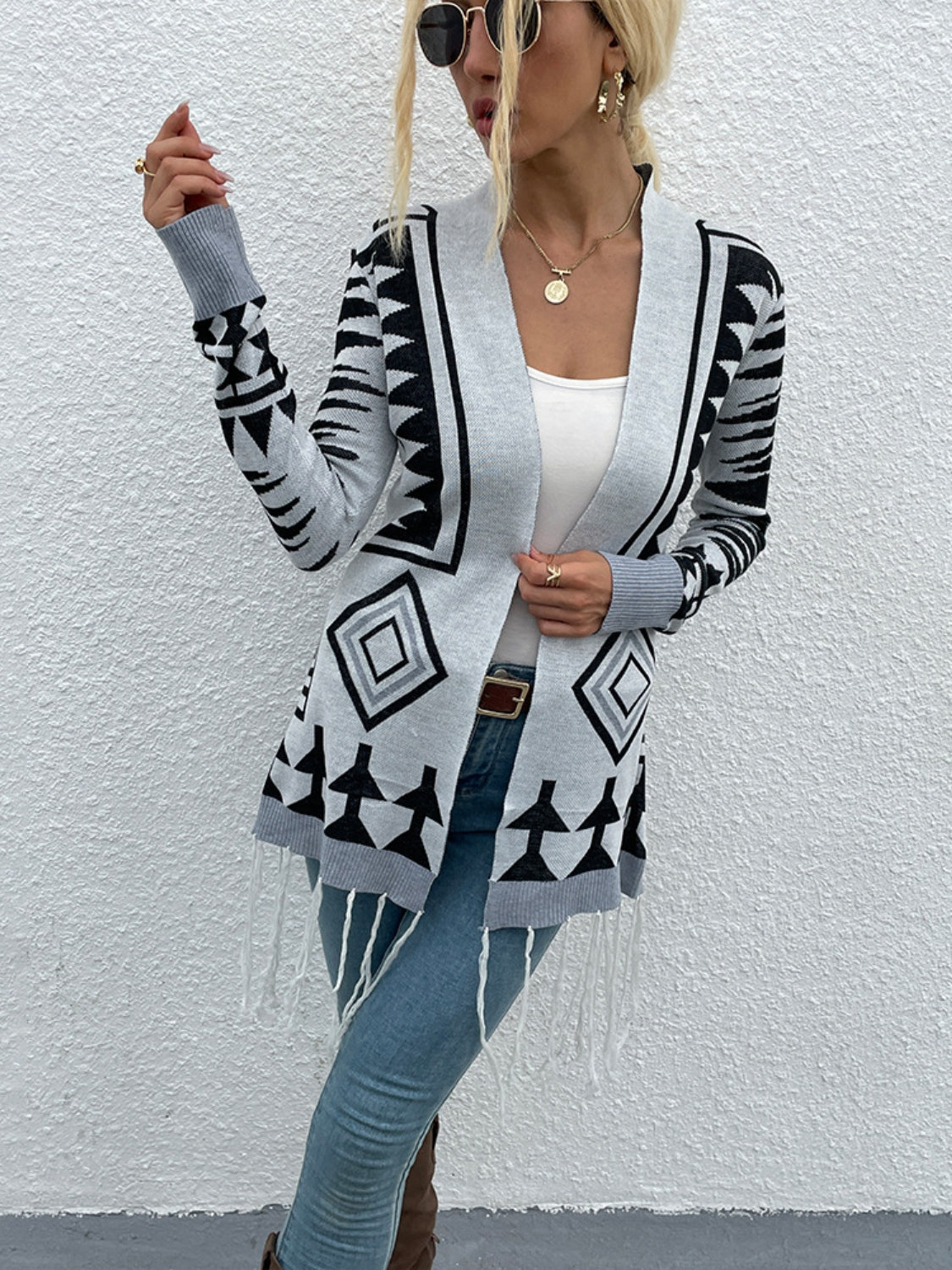 Shiny Geometric Aztec Fringe Hem Open Front Cardigan