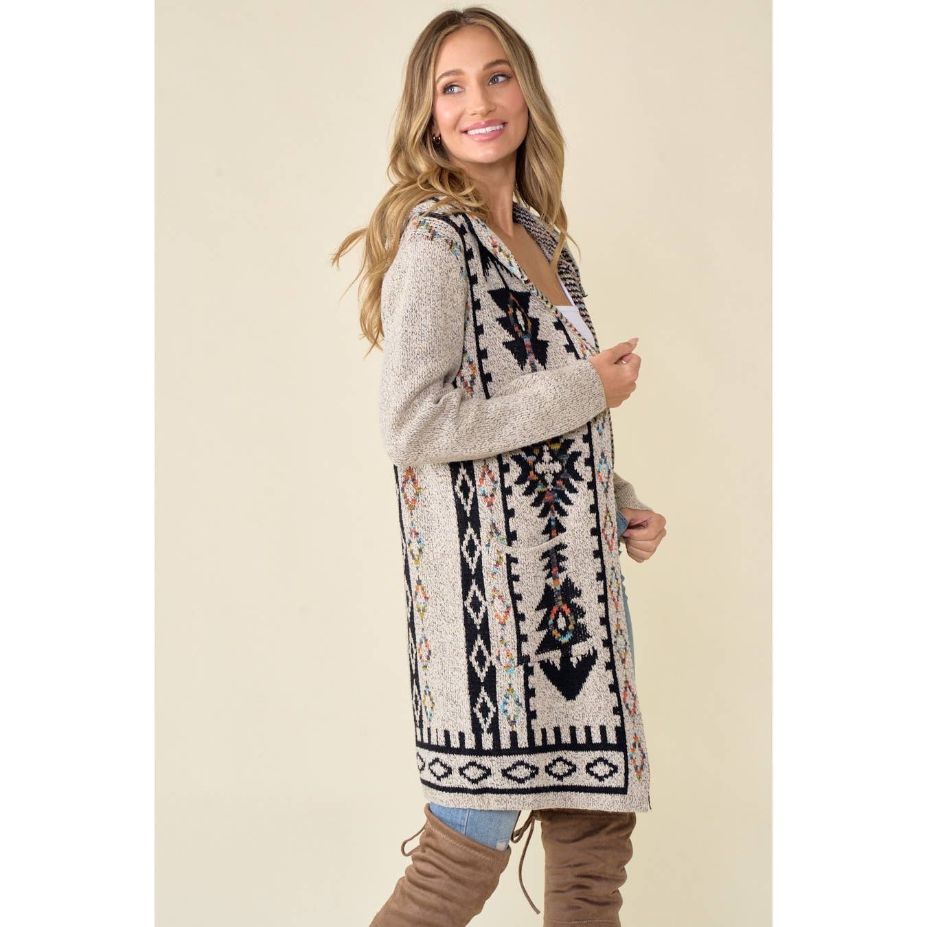 Aztec Rainbow Long Sleeve Hooded Sweater Cardigan