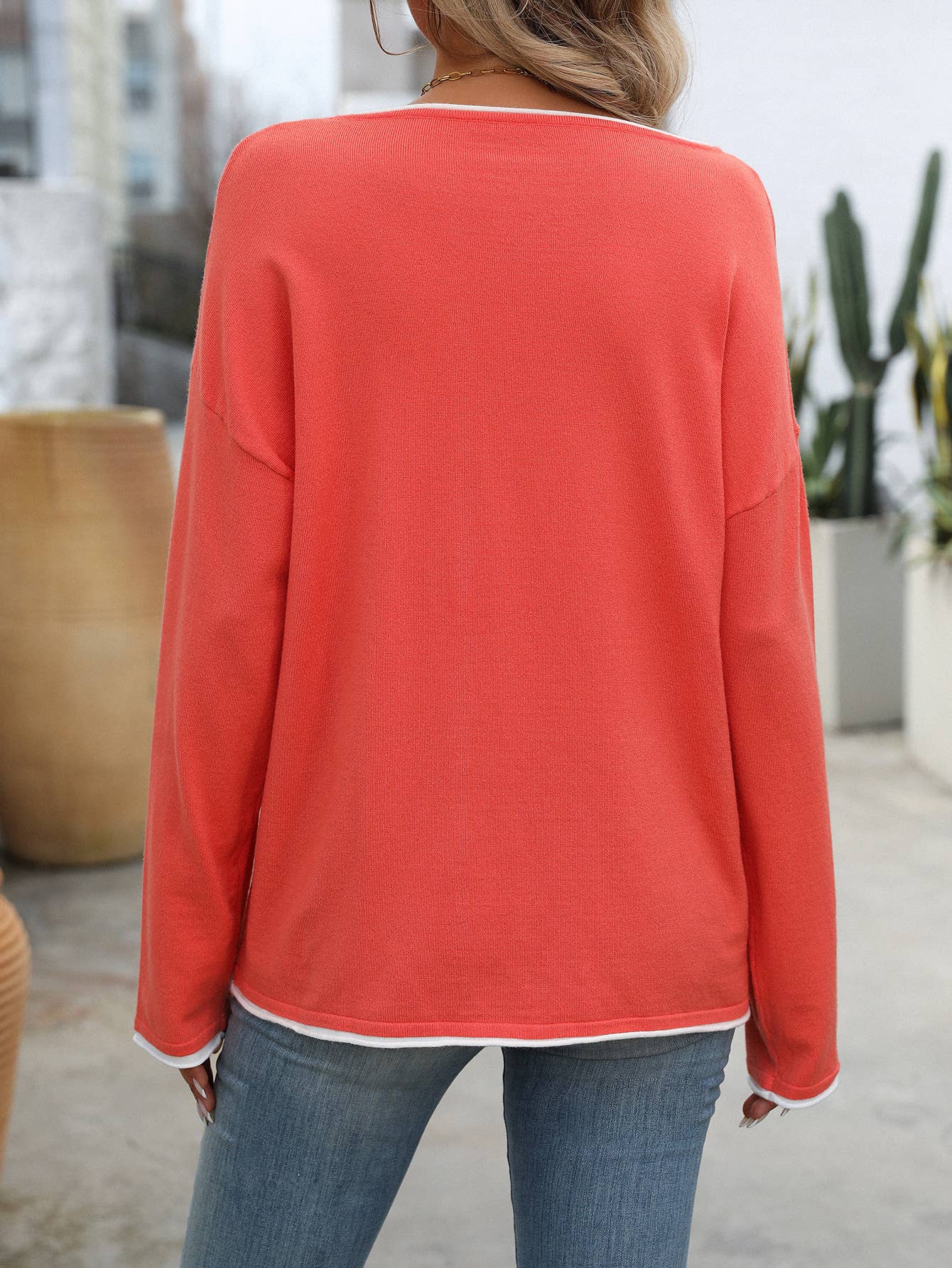 Contrast trim crewneck long sleeve t-shirt Rosa Clothing
