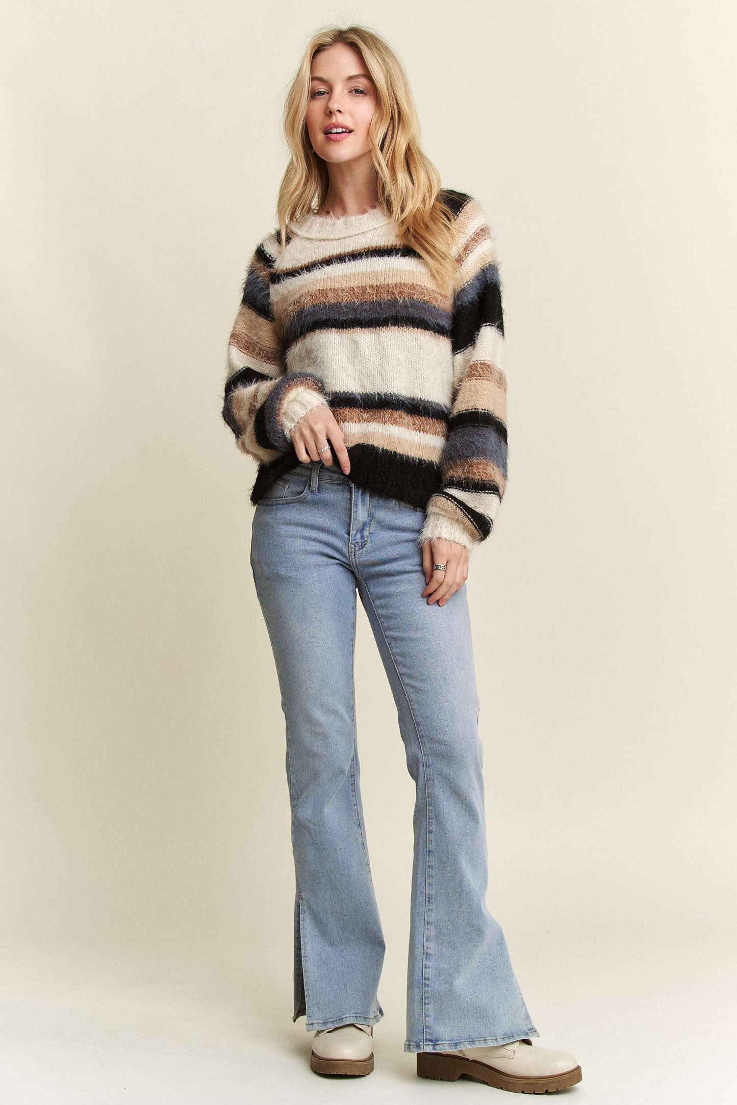 Adora - STRIPE PATTERN FUZZY SWEATER TOP