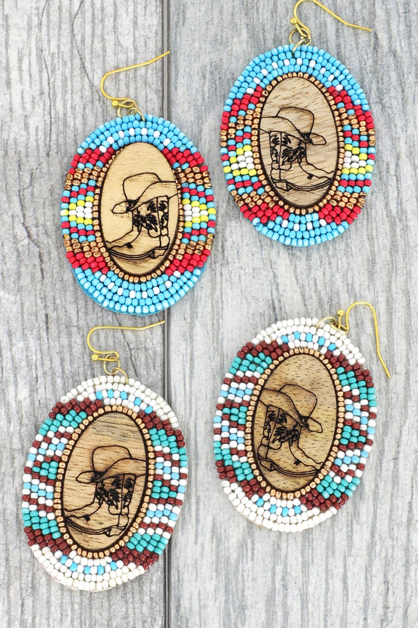 Beaded Wood Engraved Cowboy Boots & Hat Dangle Oval Earrings