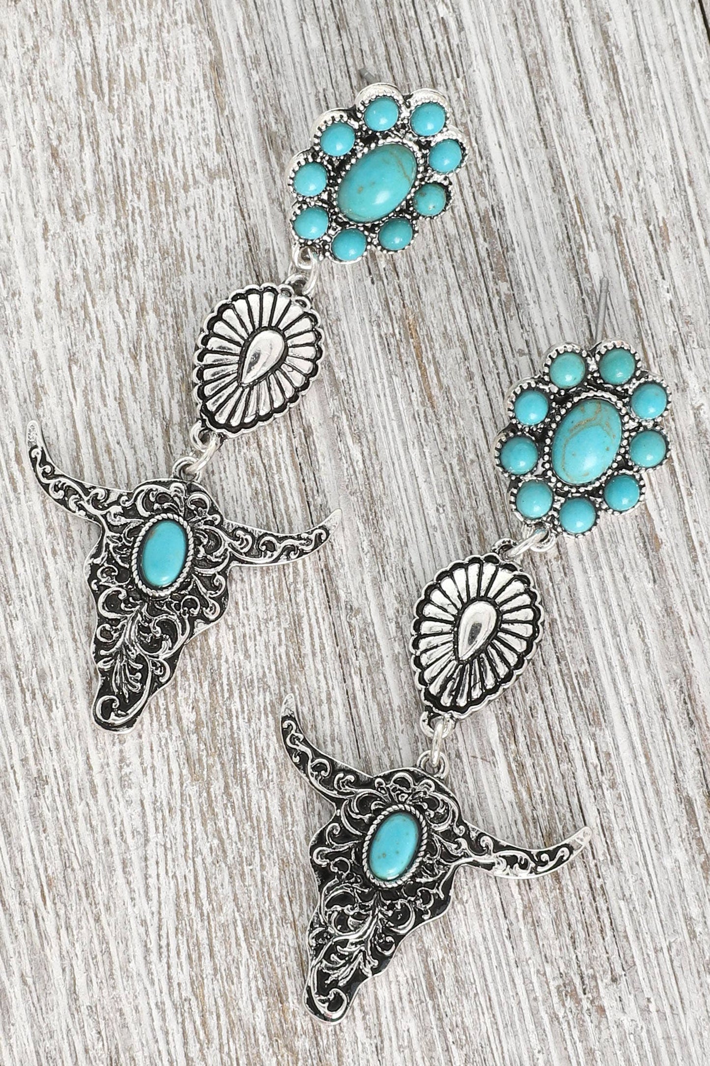 sophia collection Western Turquoise Steer Head Filigree Earrings