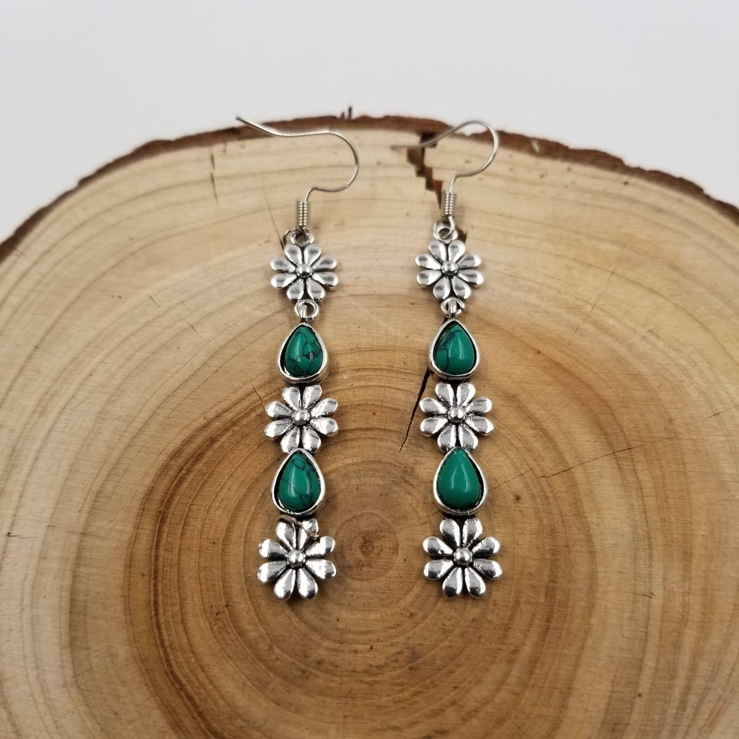 Turquoise With Vintage Silver Flower Earrings