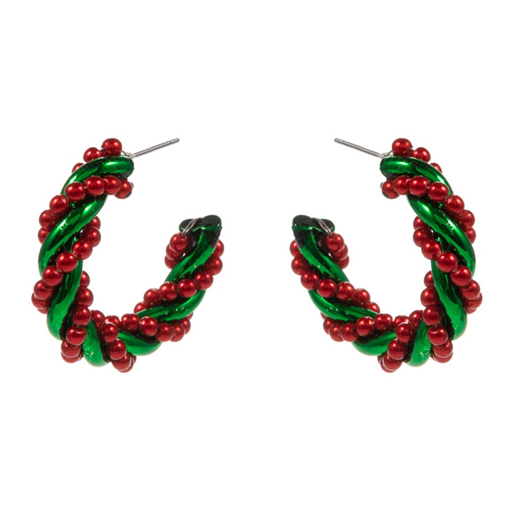 Christmas Wreath Twisted Pearl Hoop Earrings