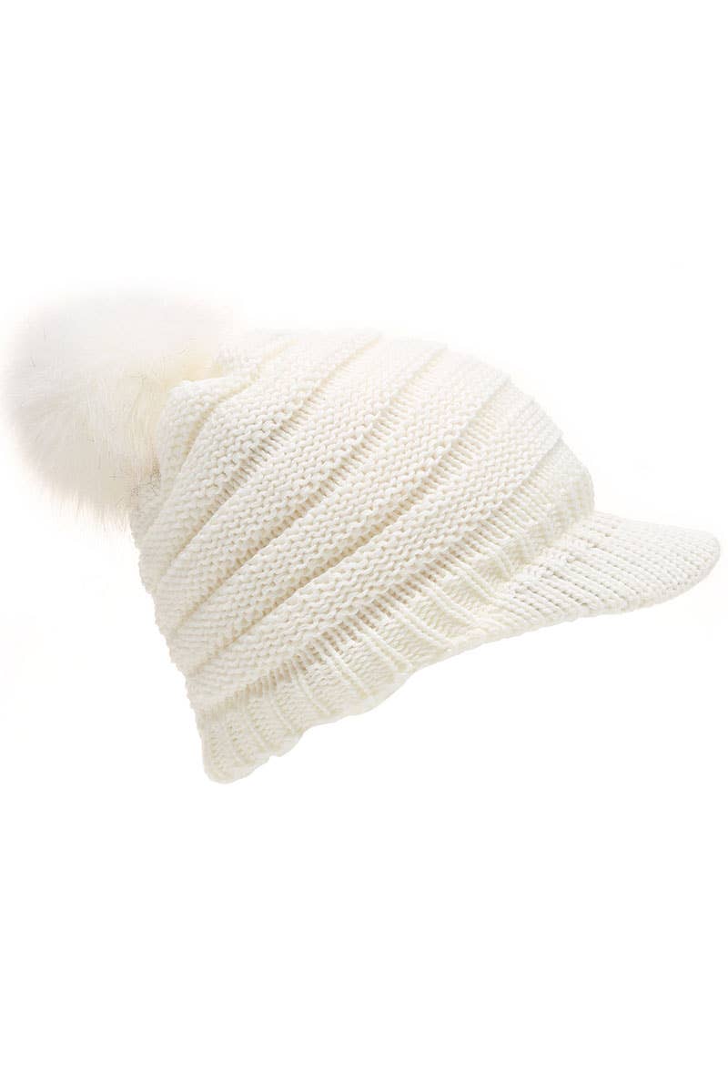 Women's Knit Visor Pom Beanie Hat with Lining