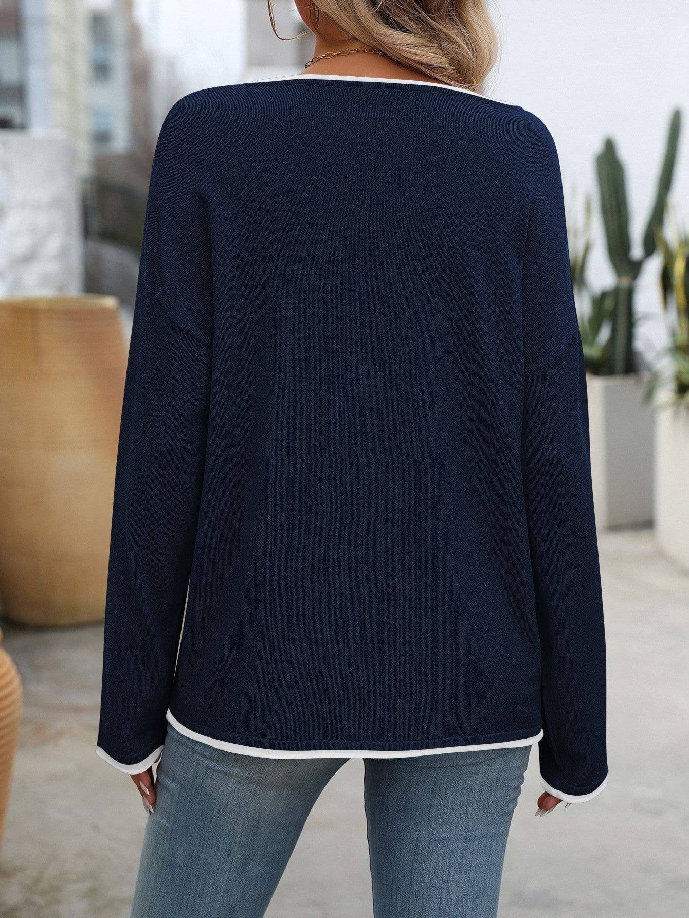 Contrast trim crewneck long sleeve t-shirt Rosa Clothing