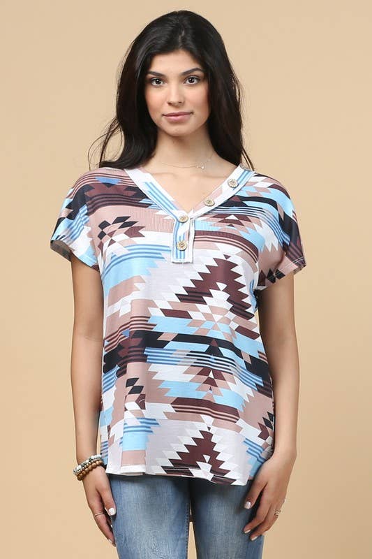 Avery LEXY AZTEC PRINT BUTTON DETAIL V NECK THERMAL TOP