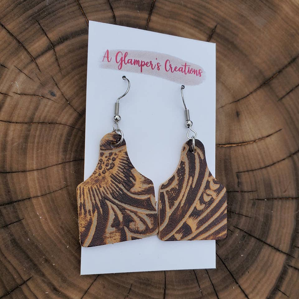 Brown Western Floral Cow Tag Leather Earrings