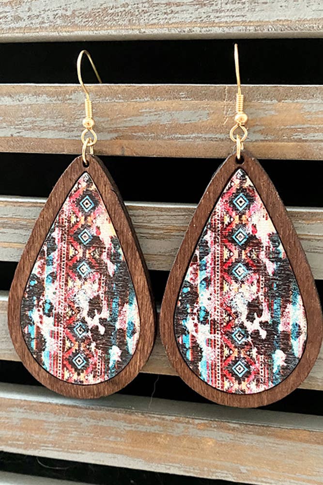 Western Style Aztec Cactus Bulls Wood Earrings