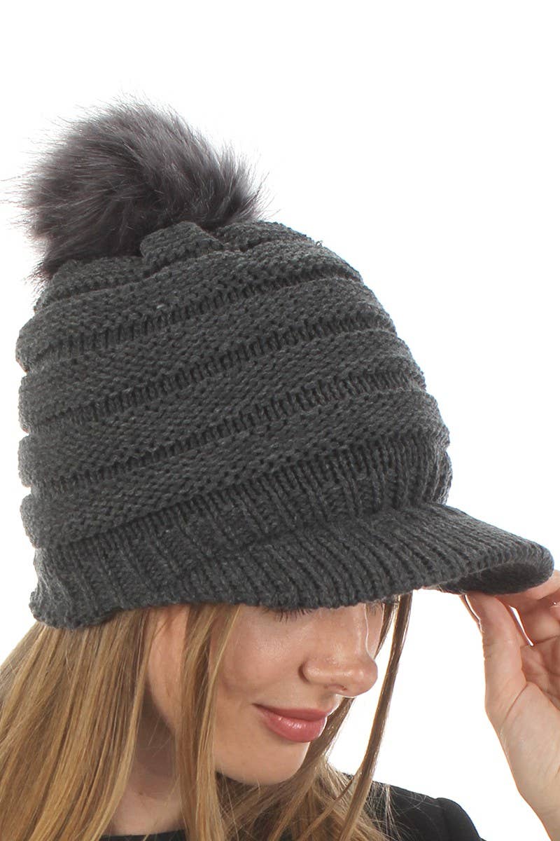 Women's Knit Visor Pom Beanie Hat with Lining