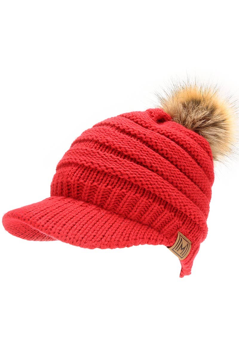 Women's Knit Visor Pom Beanie Hat with Lining
