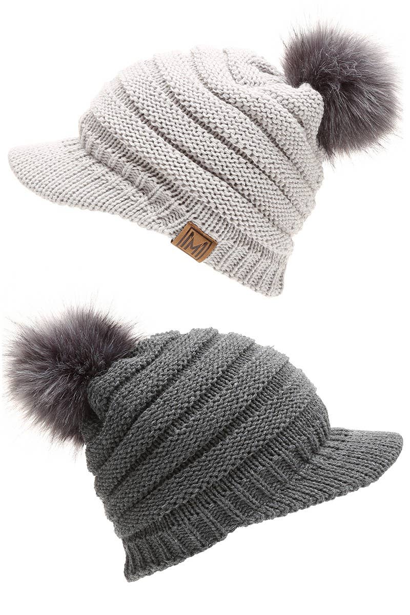 Women's Knit Visor Pom Beanie Hat with Lining