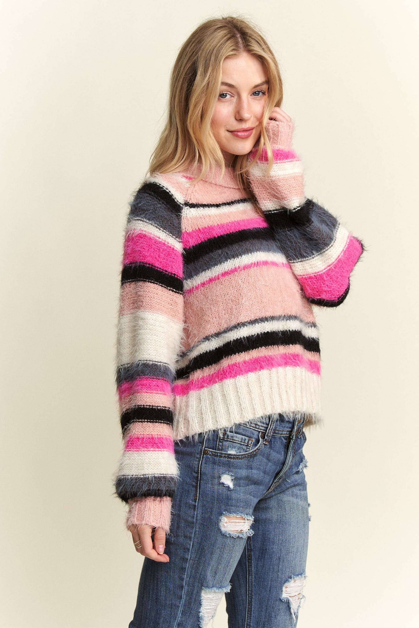 Adora - STRIPE PATTERN FUZZY SWEATER TOP