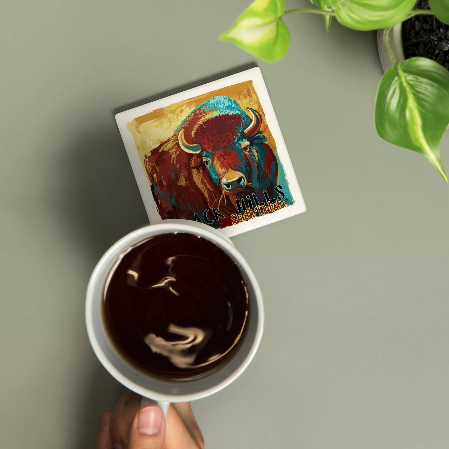 CERAMIC COASTER Black Hills, South Dakota Bison, Vivid