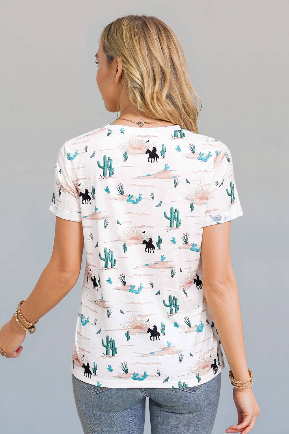 Western Cactus Print Short Sleeve Top | S-XL