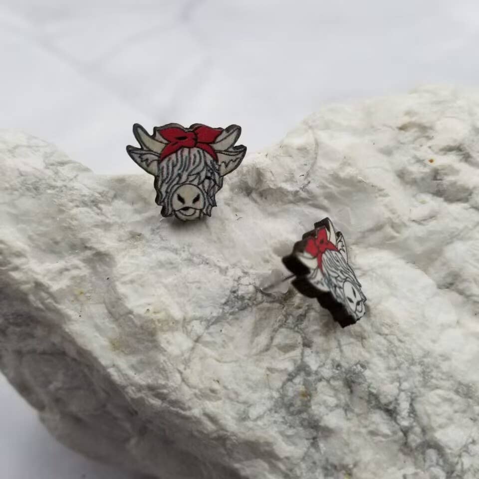 Highland Cow Stud Earrings - Wooden