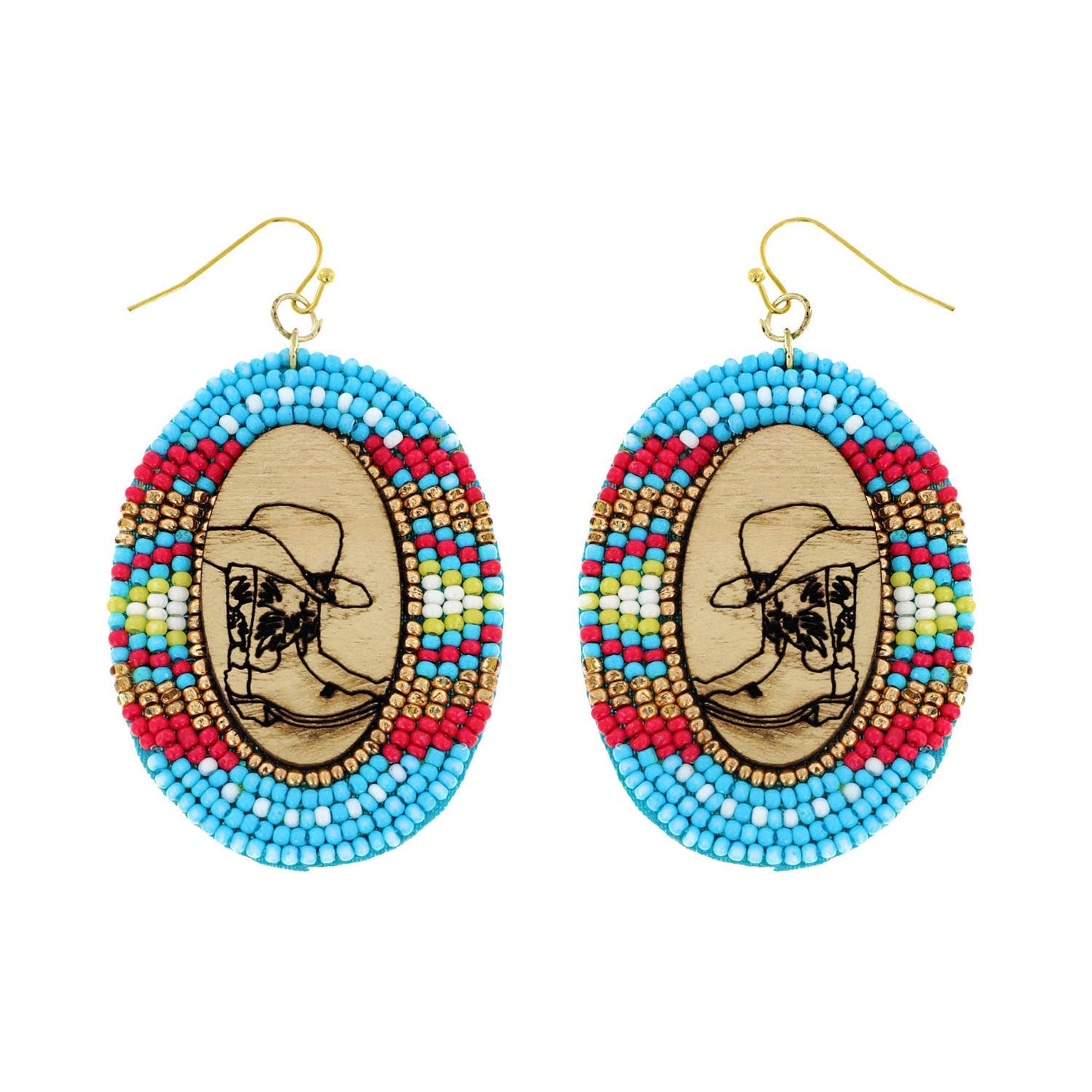 Beaded Wood Engraved Cowboy Boots & Hat Dangle Oval Earrings