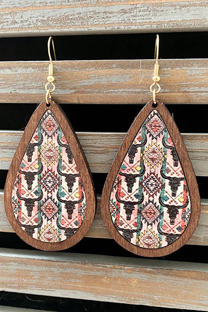 Western Style Aztec Cactus Bulls Wood Earrings