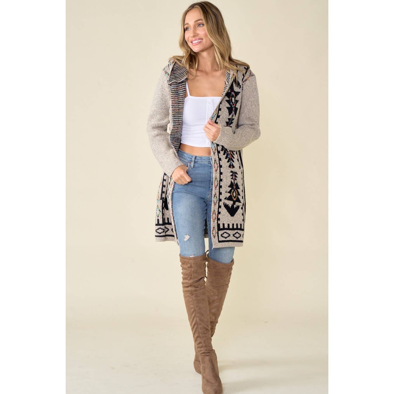 Aztec Rainbow Long Sleeve Hooded Sweater Cardigan