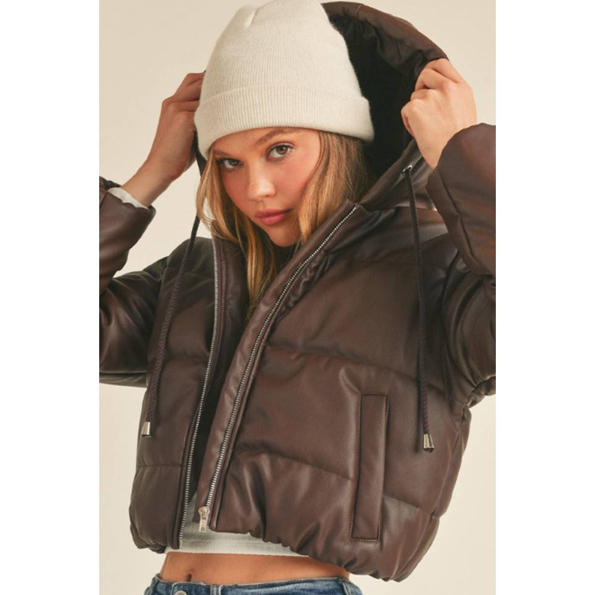 Hooded Faux Leather PU Crop Puffer Jacket